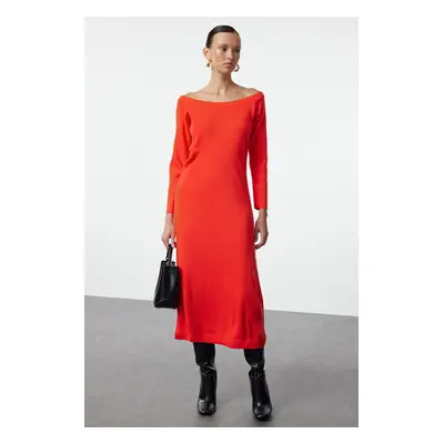 Trendyol Red Midi Knit Boat Neck Dress