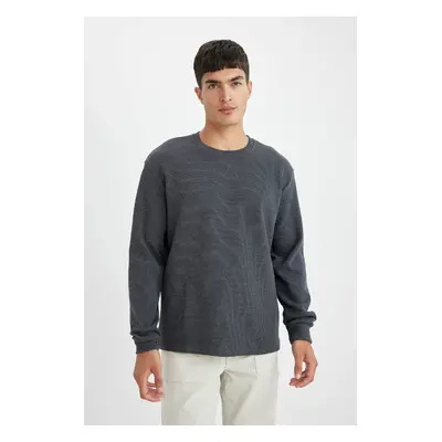 DEFACTO Men's Grey Regular Fit Regular Cut Crew Neck Waffle Long Sleeve T-Shirt