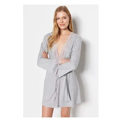 Trendyol Gray Belted Lace Detailed Viscose Knitted Dressing Gown