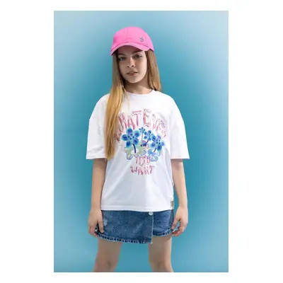 DEFACTO Girls Oversize Fit Crew Neck 3d Printed Short Sleeve T-Shirt