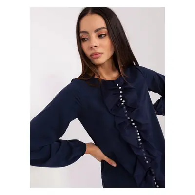 Lady's dark blue formal blouse with pearls