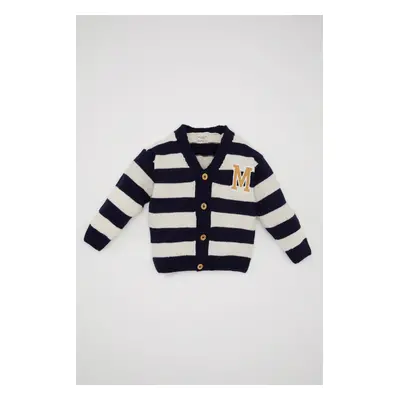 DEFACTO Baby Boy Striped Letter Embroidered Button Closure Knitwear Cardigan