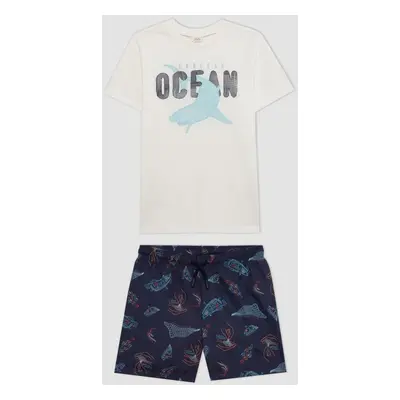 DEFACTO Boy's Printed Short Sleeve T-shirt Sea Shorts 2-Piece Set