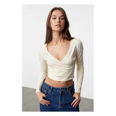 Trendyol Ecru Deep Double Breasted Collar Lace Detailed Long Sleeve Crop Cotton Stretchy Knitted