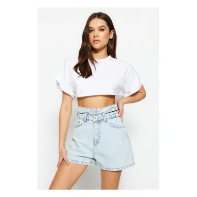 Trendyol Light Blue High Waist Denim Shorts With Waist Detail