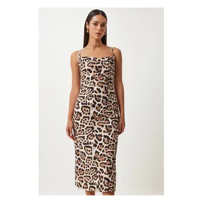 Happiness İstanbul Women's Black Beige Leopard Patterned Strappy Midi Dress