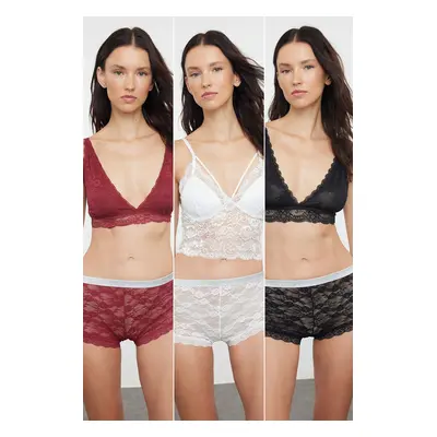 Trendyol Black-White-Burgundy 3-Pack Lace Openwork/Hole Hipster Knitted Panties