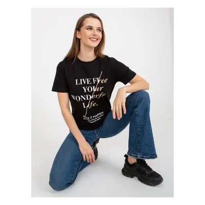 Black women's T-shirt with inscriptions and round neckline