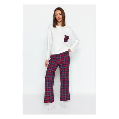 Trendyol Premium White 100% Cotton Plaid T-shirt-Pants Knitted Pajamas Set