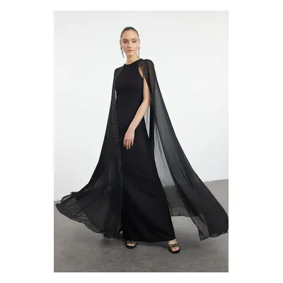 Trendyol Black Shiny Stoned Cape Detailed Woven Long Evening Dress