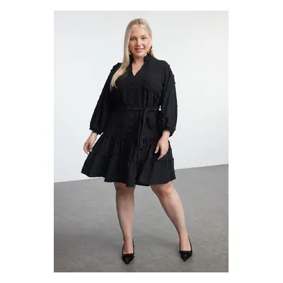 Trendyol Curve Black V Neck Balloon Sleeve Belted Pompom Woven Mini Plus Size Dress