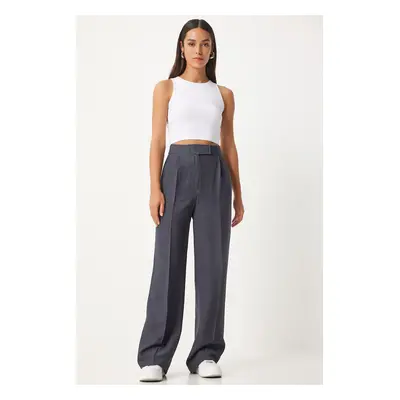 Happiness İstanbul Women's Anthracite Hook and Loop Closure Loose Linen Trousers