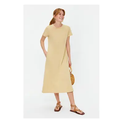 Trendyol Beige Pocketed Crew Neck A-Line Knitted Midi Dress