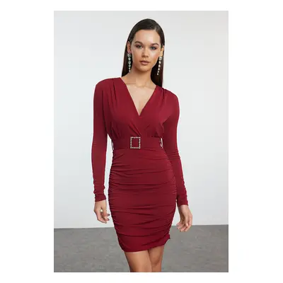 Trendyol Burgundy Belt Detailed Knitted Short Elegant Evening Dress