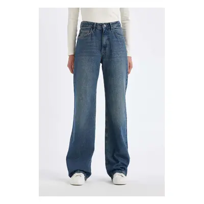 DEFACTO Straight Wide High Waist Long Jean Washed Trousers