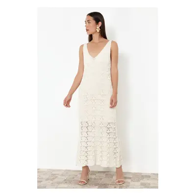 Trendyol Stone Openwork Maxi V Neck Maxi Knit Dress