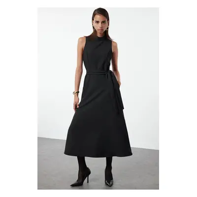 Trendyol Black Belted Waist Opening Stand Collar Midi Woven Dress