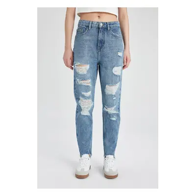 DEFACTO Mom Fit Ripped Detail High Waist Ankle Length Jean Washed Trousers