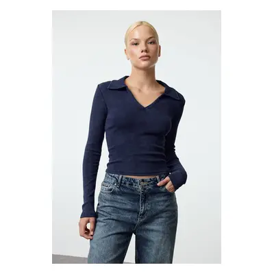 Trendyol Navy Blue Aged/Faded Effect Body-Smoothing Polo Collar Ribbed Flexible Knitted Blouse