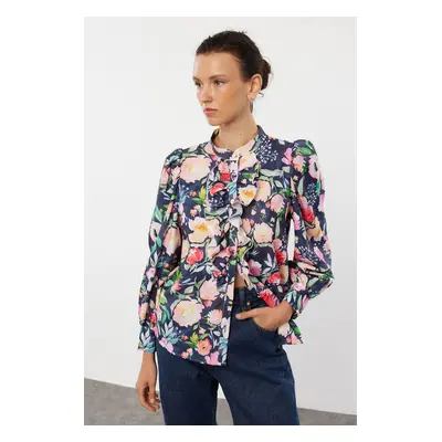 Trendyol Dark Blue Stand-Up Collar Ruffled Chiffon Floral Woven Shirt