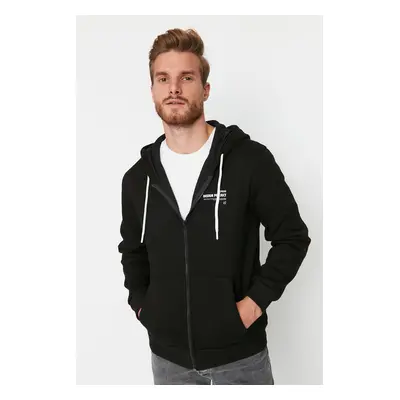 Trendyol Black Regular/Normal Cut Hooded Slogan Printed Fleece/Warm Sweatshirt