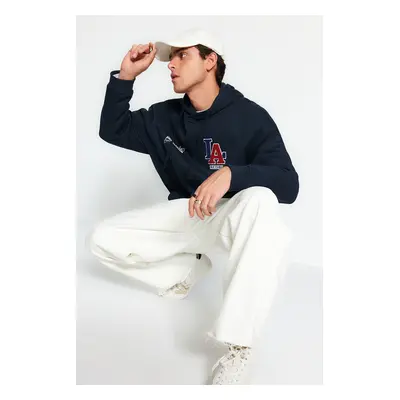 Trendyol Navy Blue Oversize/Wide Cut Hooded Sweatshirt with Embroidered Hem