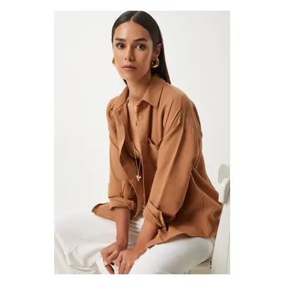 Happiness İstanbul Women's Tan Oversize Linen Ayrobin Shirt