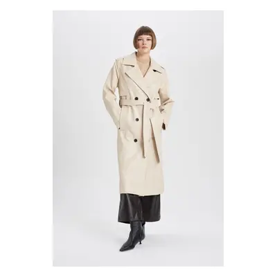 DEFACTO Water Repellent Faux Leather Trench Coat Double Breasted Collar Buttoned Belt Pocket