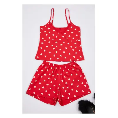 Trendyol Red 100% Cotton Heart Laced Rope Strap Knitted Pajama Set