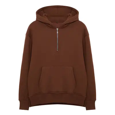 Trendyol Brown Oversize/Wide Cut Zippered Hooded Fleece Inside Basic Sweatshirt