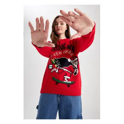 DEFACTO New Year's Themed Red Crew Neck Sweater