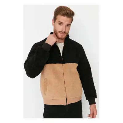 Trendyol Black Regular/Normal Cut Zippered Stand Collar Warm Plush Block Sweatshirt