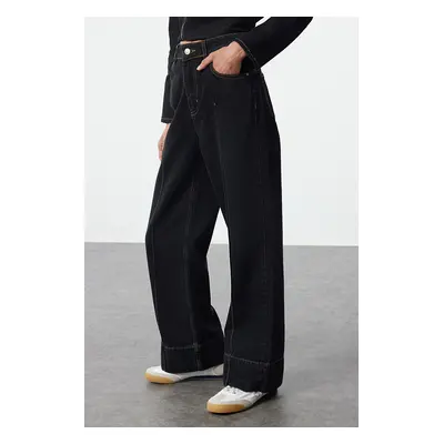 Trendyol Black Ribbed High Waist Wide Leg Jeans