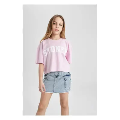 DEFACTO Girls Crew Neck Crop Printed Short Sleeve T-Shirt