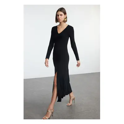 Trendyol Black Plain V-Neck Skirt Flounced Skater/Waist Opening Flexible Maxi Knitted Dress