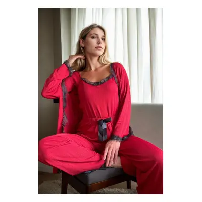 22168 Dewberry Womens Pyjama Set with Dressing Gown-RED