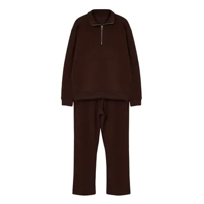 Trendyol Brown Oversize/Wide Cut Stand Collar Zippered Tracksuit