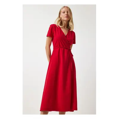 Happiness İstanbul Women's Red V-Neck Wrap Midi Knitted Dress