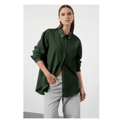 Trendyol Dark Green Oversize Woven Shirt with Stone Detail on Collar