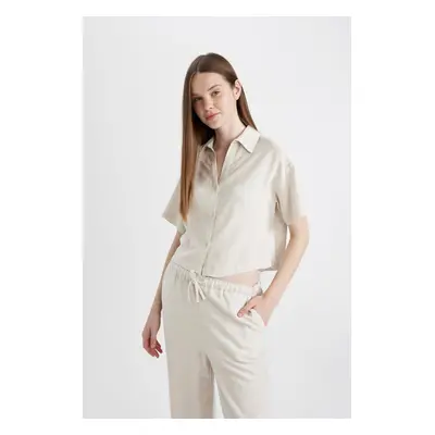 DEFACTO Oversize Fit Pajama Collar Linen Blend Short Sleeve Shirt