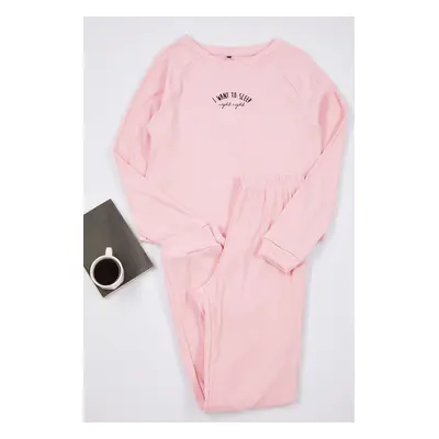 Trendyol Pink Cotton Slogan Embroidered Ribbed Knitted Pajama Set