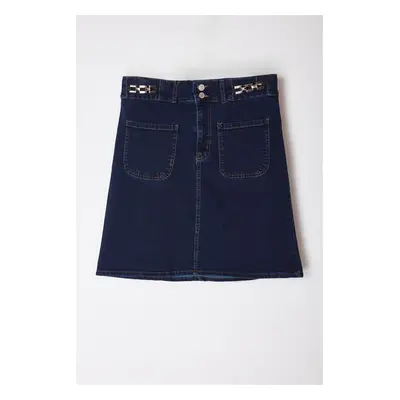 Trendyol Curve Dark Blue Aksaur Detailed Denim Plus Size Skirt