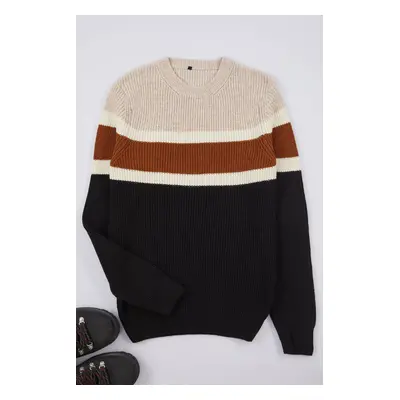 Trendyol Black Slim Crew Neck Color Blocked Knitwear Sweater