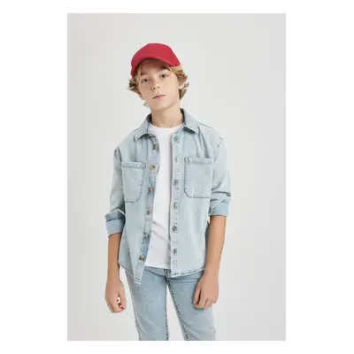 DEFACTO Boy Oversize Fit Wide Mold Polo Collar Jean Long Sleeve Shirt