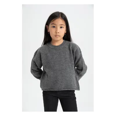 DEFACTO Girl's Anthracite Standard Fit Crew Neck Basic Plain Sweater