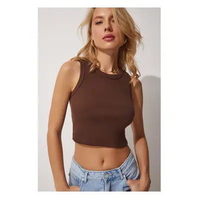 Happiness İstanbul Women's Brown Barbell Neck Crop Knitted Blouse