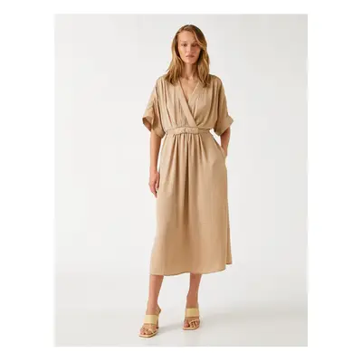 Koton V-Neck Satin-Looking Midi Dress with Pockets