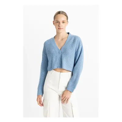 DEFACTO Regular Fit V Neck Basic Plain Buttoned Knitted Cardigan