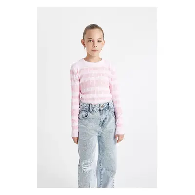 DEFACTO Girl's Pink Striped Standard Fit Crew Neck Tight Knitwear Sweater