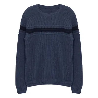 Trendyol Indigo Slim Crew Neck Striped Knitwear Sweater